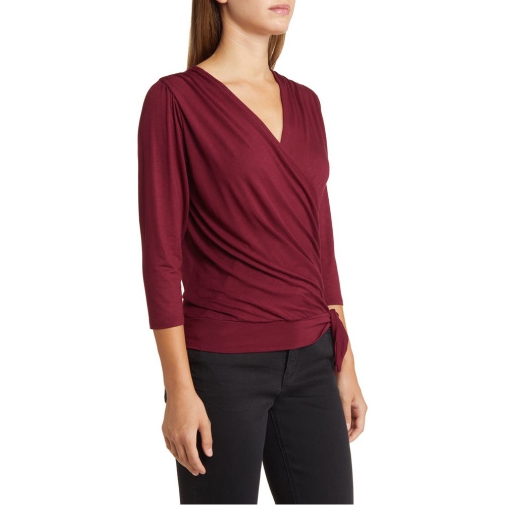 Loveappella Elegant Burgundy Faux Tie Wrap Top Size Small New WOT - Picture 2 of 9